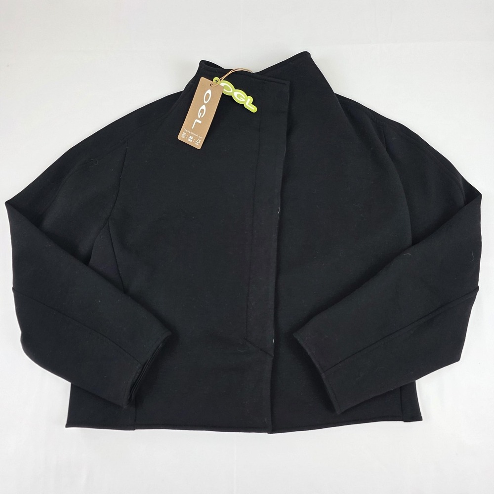 OGL Jacket Womens Small Black Knit Short Collared Hook Eye Lined Pockets